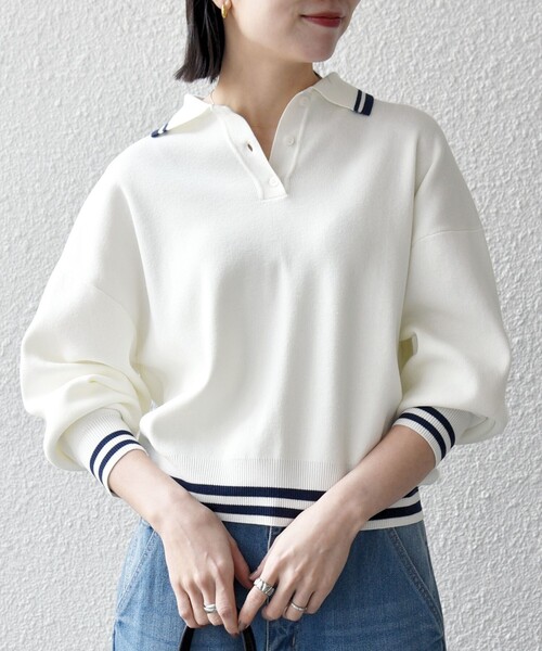 SHIPS any(シップス エニィ)の「SHIPS any:〈手洗い可能〉コットン ミックス ライン ポロニット プルオーバー(ニット/セーター・レディース・ネイビー/オフホワイト/ライトブルー・ONE SIZE)」の6枚目の写真