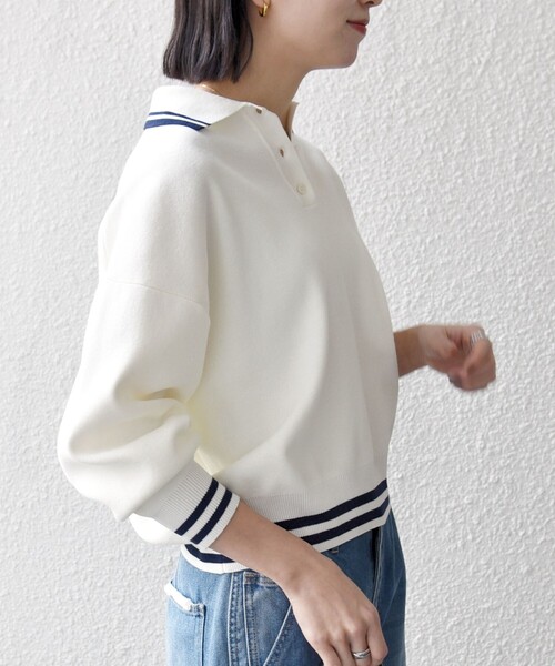 SHIPS any(シップス エニィ)の「SHIPS any:〈手洗い可能〉コットン ミックス ライン ポロニット プルオーバー(ニット/セーター・レディース・ネイビー/オフホワイト/ライトブルー・ONE SIZE)」の7枚目の写真