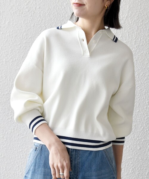 SHIPS any(シップス エニィ)の「SHIPS any:〈手洗い可能〉コットン ミックス ライン ポロニット プルオーバー(ニット/セーター・レディース・ネイビー/オフホワイト/ライトブルー・ONE SIZE)」の10枚目の写真