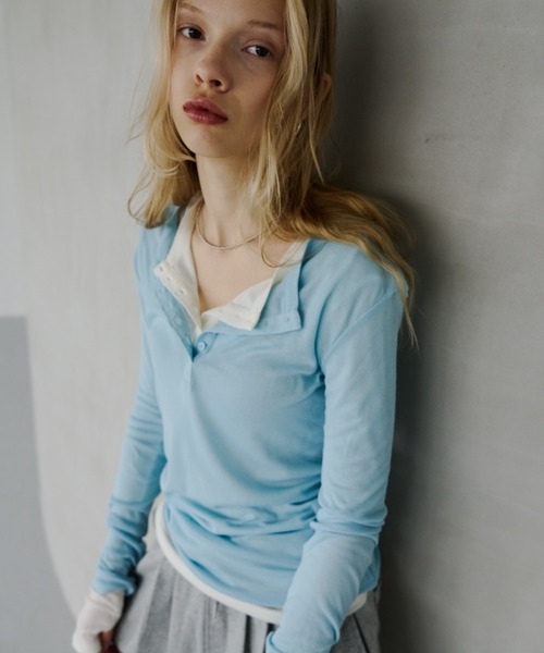 HANNE(アン)の「シアーヘンリーネックロンTEE(Tシャツ/カットソー・レディース・ブルー/グレー/ホワイト/ブラック・FREE)」の5枚目の写真
