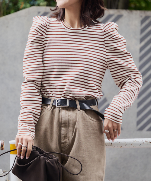 OUTDOOR PRODUCTS（アウトドアプロダクツ）の「≪/WEB限定カラーあり≫ボリュームスリーブボーダープルオーバー（Tシャツ/カットソー・レディース・グレー/レッド/ブラウン/ブラック・FREE）」の3枚目の写真