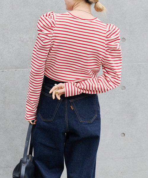 OUTDOOR PRODUCTS（アウトドアプロダクツ）の「≪/WEB限定カラーあり≫ボリュームスリーブボーダープルオーバー（Tシャツ/カットソー・レディース・グレー/レッド/ブラウン/ブラック・FREE）」の5枚目の写真