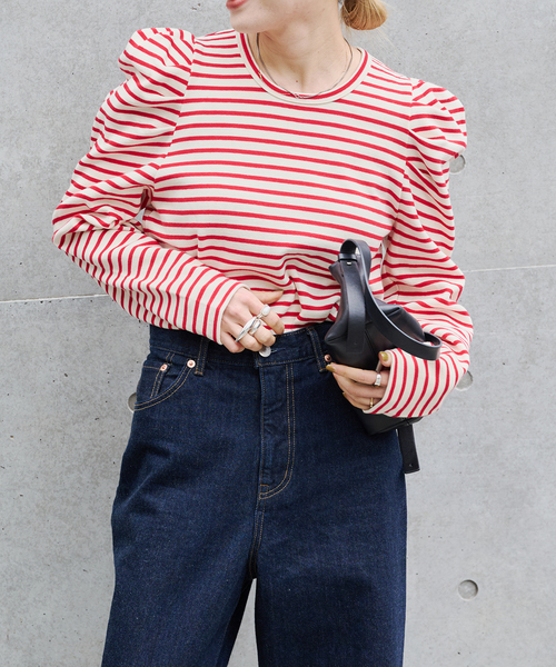 OUTDOOR PRODUCTS（アウトドアプロダクツ）の「≪/WEB限定カラーあり≫ボリュームスリーブボーダープルオーバー（Tシャツ/カットソー・レディース・グレー/レッド/ブラウン/ブラック・FREE）」の6枚目の写真