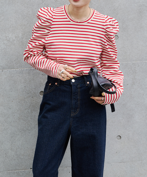 OUTDOOR PRODUCTS（アウトドアプロダクツ）の「≪/WEB限定カラーあり≫ボリュームスリーブボーダープルオーバー（Tシャツ/カットソー・レディース・グレー/レッド/ブラウン/ブラック・FREE）」の7枚目の写真