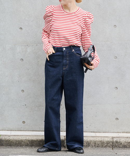 OUTDOOR PRODUCTS（アウトドアプロダクツ）の「≪/WEB限定カラーあり≫ボリュームスリーブボーダープルオーバー（Tシャツ/カットソー・レディース・グレー/レッド/ブラウン/ブラック・FREE）」の9枚目の写真