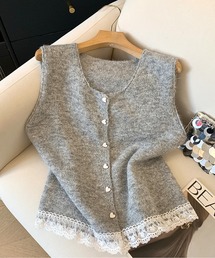 ハートボタン裾レース ニットベスト