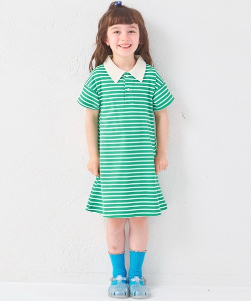 pairmanon（ペアマノン）の「【リンクコーデ】【さらっとワッフル】ガールズ ボーダー ポロワンピース（ワンピース・キッズ・ホワイト系その他/グリーン系その他/ピンク系その他・90/100/110/120/130/140/150）」の2枚目の写真