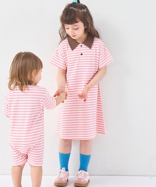 pairmanon（ペアマノン）の「【リンクコーデ】【さらっとワッフル】ガールズ ボーダー ポロワンピース（ワンピース・キッズ・ホワイト系その他/グリーン系その他/ピンク系その他・90/100/110/120/130/140/150）」の3枚目の写真