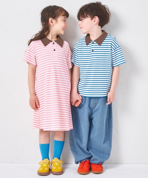 pairmanon（ペアマノン）の「【リンクコーデ】【さらっとワッフル】ガールズ ボーダー ポロワンピース（ワンピース・キッズ・ホワイト系その他/グリーン系その他/ピンク系その他・90/100/110/120/130/140/150）」の5枚目の写真