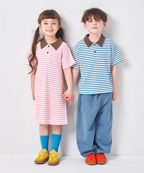 pairmanon（ペアマノン）の「【リンクコーデ】【さらっとワッフル】ガールズ ボーダー ポロワンピース（ワンピース・キッズ・ホワイト系その他/グリーン系その他/ピンク系その他・90/100/110/120/130/140/150）」の6枚目の写真