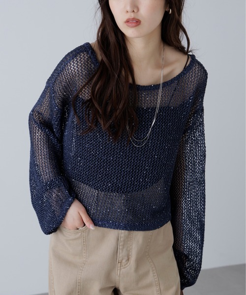 FREE'S MART(フリーズマート)の「◆メッシュスパンコールニット(ニット/セーター・レディース・ネイビー/グレー系その他/グレー/ピンク/ホワイト・FREE)」の1枚目の写真