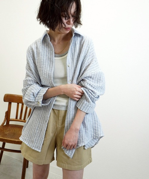 gossara(ゴサラ)の「オーバーサイズストライプシャツ(シャツ/ブラウス・レディース・ブルー/ブラウン・FREE)」の12枚目の写真