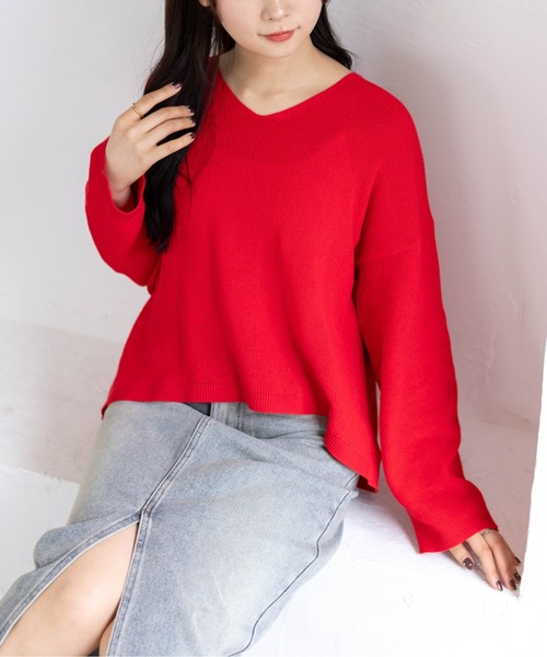 CLEAR BASIC（クリアベーシック）の「Vネックオーバーニットトップス（ニット/セーター・レディース・レッド/ネイビー/アイボリー/イエロー系その他/ブラック・F）」の5枚目の写真