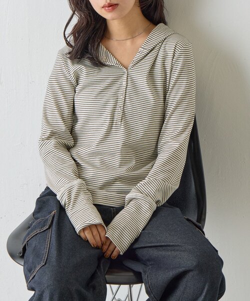 goocy(グーシー)の「コンパクトフーディーロンT(Tシャツ/カットソー・レディース・ブラック/チャコールグレー/アイボリー/ホワイト/グレー・FREE)」の1枚目の写真