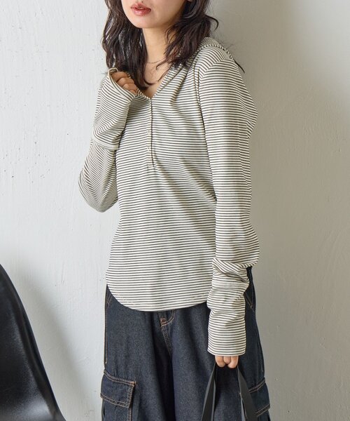 goocy(グーシー)の「コンパクトフーディーロンT(Tシャツ/カットソー・レディース・ブラック/チャコールグレー/アイボリー/ホワイト/グレー・FREE)」の9枚目の写真