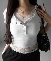 me+em select（ミームセレクト）の「【 ３color 】レースレイヤードヘンリーネックスクエア半袖Ｔシャツ ／ lace layered henley neck square short sleeve T-shirt（Tシャツ/カットソー）」