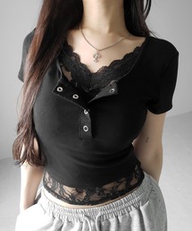 me+em select(�~�[���Z���N�g)�́y �Rcolor �z���[�X���C���[�h�w�����[�l�b�N�X�N�G�A�����s�V���c �^ lace layered henley neck square short sleeve T-shirt(T�V���c/�J�b�g�\�[)