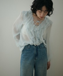 chiffon front frill lace up blouse /シフォンフロントフリルレースアップ長袖ブラウス