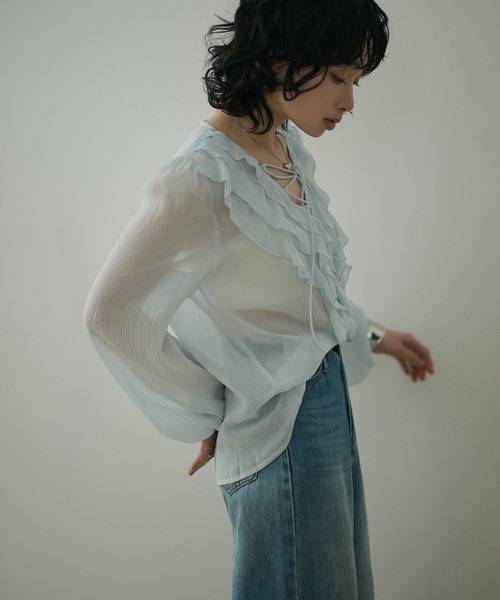 LAULEN(ローレン)の「chiffon front frill lace up blouse /シフォンフロントフリルレースアップ長袖ブラウス(シャツ/ブラウス・レディース・イエロー/ブルー・FREE)」の20枚目の写真