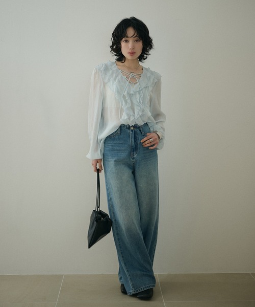 LAULEN(ローレン)の「chiffon front frill lace up blouse /シフォンフロントフリルレースアップ長袖ブラウス(シャツ/ブラウス・レディース・イエロー/ブルー・FREE)」の6枚目の写真