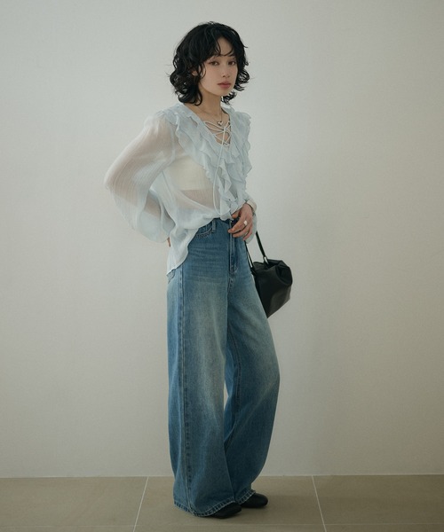 LAULEN(ローレン)の「chiffon front frill lace up blouse /シフォンフロントフリルレースアップ長袖ブラウス(シャツ/ブラウス・レディース・イエロー/ブルー・FREE)」の7枚目の写真