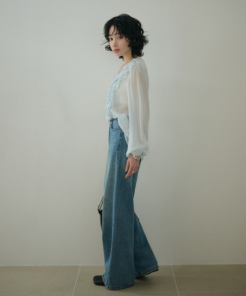 LAULEN(ローレン)の「chiffon front frill lace up blouse /シフォンフロントフリルレースアップ長袖ブラウス(シャツ/ブラウス・レディース・イエロー/ブルー・FREE)」の8枚目の写真