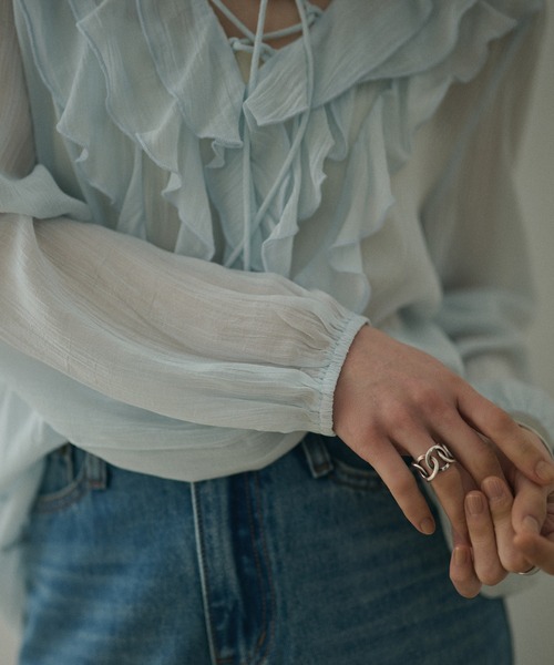 LAULEN(ローレン)の「chiffon front frill lace up blouse /シフォンフロントフリルレースアップ長袖ブラウス(シャツ/ブラウス・レディース・イエロー/ブルー・FREE)」の11枚目の写真