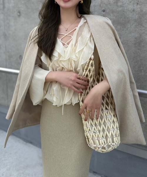 LAULEN(ローレン)の「chiffon front frill lace up blouse /シフォンフロントフリルレースアップ長袖ブラウス(シャツ/ブラウス・レディース・イエロー/ブルー・FREE)」の14枚目の写真
