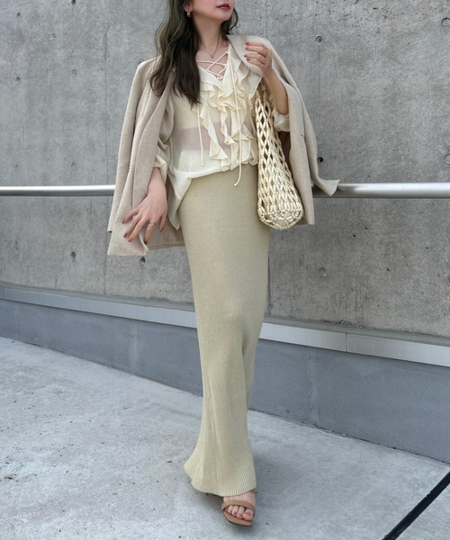 LAULEN(ローレン)の「chiffon front frill lace up blouse /シフォンフロントフリルレースアップ長袖ブラウス(シャツ/ブラウス・レディース・イエロー/ブルー・FREE)」の15枚目の写真