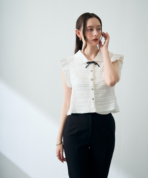 MISCH MASCH（ミッシュマッシュ）の「2026春夏新作 リボン襟付きフレンチスリーブトップス（Tシャツ/カットソー・レディース・ホワイト/ブラック・ﾌﾘ-）」の16枚目の写真
