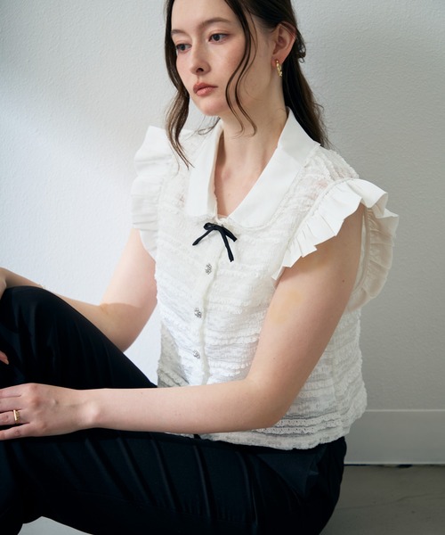 MISCH MASCH（ミッシュマッシュ）の「2026春夏新作 リボン襟付きフレンチスリーブトップス（Tシャツ/カットソー・レディース・ホワイト/ブラック・ﾌﾘ-）」の12枚目の写真