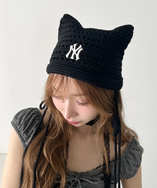 MLB(メジャーリーグベースボール)の「【日本未発売/WEB限定】MLB KOREA(エムエルビーコリア)/サマー リボン 猫耳 ねこ耳ビーニー 耳付き クロシェ編み ロゴパッチ ワッペン ビーニー ニット帽/Summer Ribbon Miyaon Beanie(ニットキャップ/ビーニー・レディース・ブラック/クリーム/ピンク・FREE)」の20枚目の写真