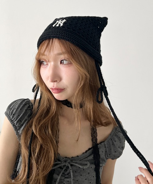 MLB(メジャーリーグベースボール)の「【日本未発売/WEB限定】MLB KOREA(エムエルビーコリア)/サマー リボン 猫耳 ねこ耳ビーニー 耳付き クロシェ編み ロゴパッチ ワッペン ビーニー ニット帽/Summer Ribbon Miyaon Beanie(ニットキャップ/ビーニー・レディース・ブラック/クリーム/ピンク・FREE)」の19枚目の写真