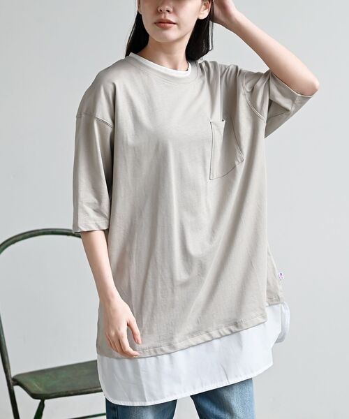 rps（アールピーエス）の「接触冷感ＵＳＡコットンフェイクレイヤーＴ（Tシャツ/カットソー・レディース・ライトカーキ/チャコールグレー/ブラック/グレイッシュベージュ/サックスブルー・フリー）」の3枚目の写真