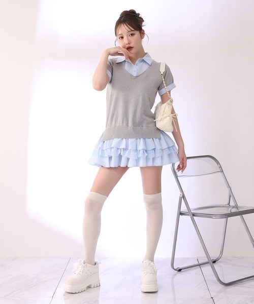 セール】ニットドッキング半袖チュニックシャツワンピース（ワンピース