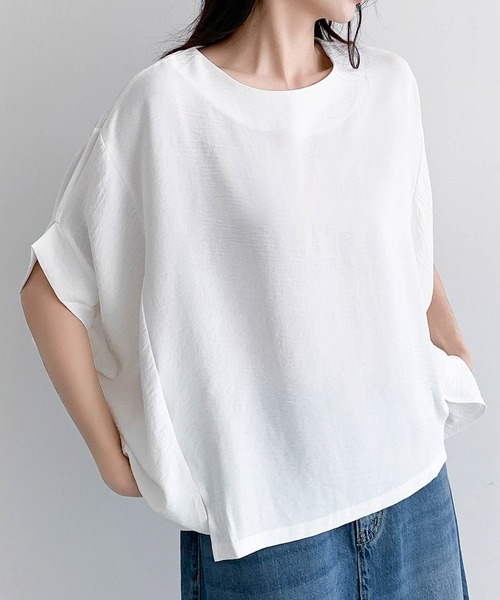 LOWO(ロワ)の「ドルマンスリーブイレギュラーヘム半袖Tシャツ(Tシャツ/カットソー・レディース・ブラック/オフホワイト・FREE)」の1枚目の写真