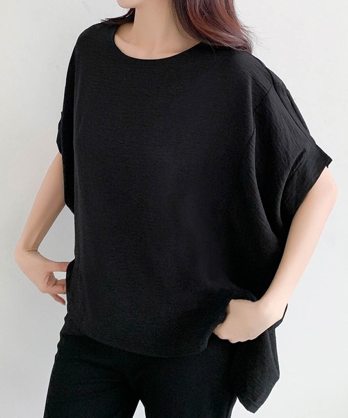LOWO(ロワ)の「ドルマンスリーブイレギュラーヘム半袖Tシャツ(Tシャツ/カットソー・レディース・ブラック/オフホワイト・FREE)」の2枚目の写真