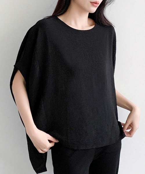 LOWO(ロワ)の「ドルマンスリーブイレギュラーヘム半袖Tシャツ(Tシャツ/カットソー・レディース・ブラック/オフホワイト・FREE)」の4枚目の写真