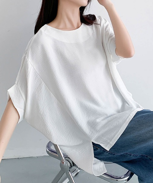 LOWO(ロワ)の「ドルマンスリーブイレギュラーヘム半袖Tシャツ(Tシャツ/カットソー・レディース・ブラック/オフホワイト・FREE)」の13枚目の写真