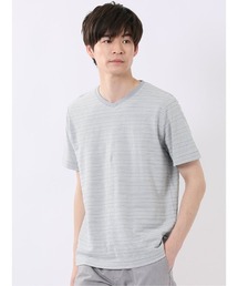 【綿混】タカキュー ポップコーン ボーダー Vネック 半袖 Tシャツ