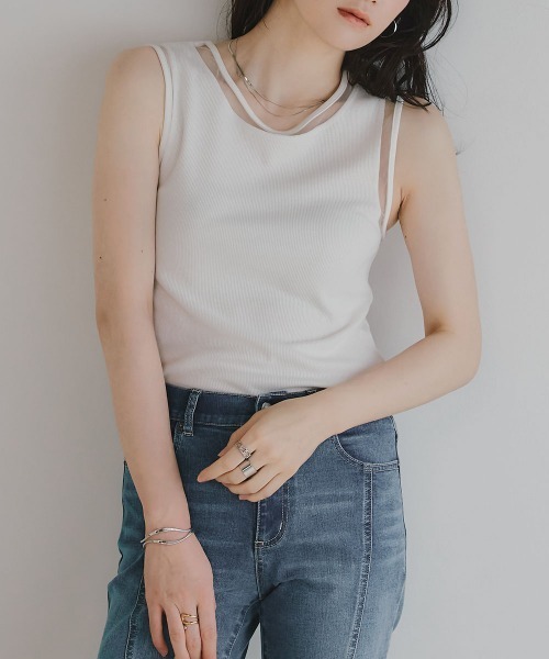 slattgir(スラットジール)の「高身長 ポイントシアータンクトップ(トールサイズ)Essenave(Tシャツ/カットソー・レディース・オフホワイト/ブラック・TM/TL/TLL/T3L/T4L/T5L)」の1枚目の写真