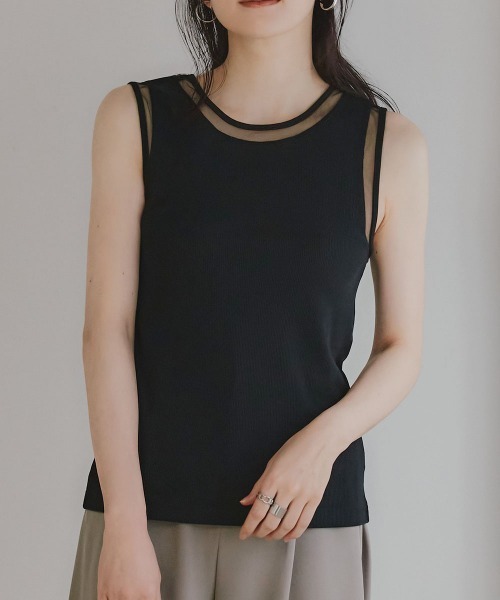 slattgir(スラットジール)の「高身長 ポイントシアータンクトップ(トールサイズ)Essenave(Tシャツ/カットソー・レディース・オフホワイト/ブラック・TM/TL/TLL/T3L/T4L/T5L)」の2枚目の写真