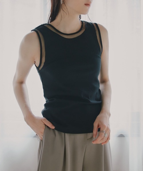 slattgir(スラットジール)の「高身長 ポイントシアータンクトップ(トールサイズ)Essenave(Tシャツ/カットソー・レディース・オフホワイト/ブラック・TM/TL/TLL/T3L/T4L/T5L)」の3枚目の写真