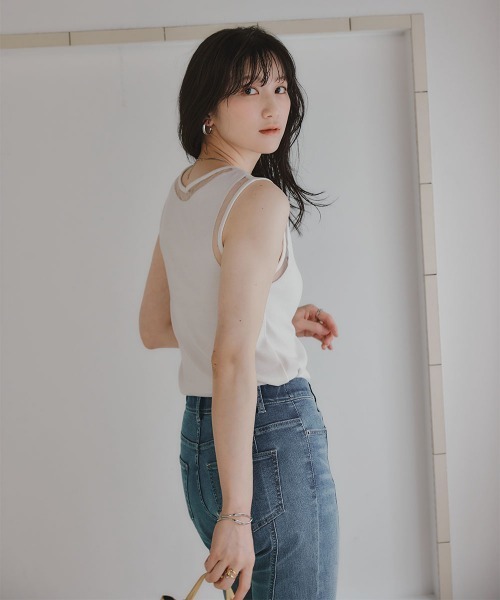 slattgir(スラットジール)の「高身長 ポイントシアータンクトップ(トールサイズ)Essenave(Tシャツ/カットソー・レディース・オフホワイト/ブラック・TM/TL/TLL/T3L/T4L/T5L)」の9枚目の写真