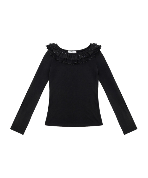 NAAIEEN(ナイエン)の「フリルネックスリムフィットロングスリーブ(Tシャツ/カットソー・レディース・ブラック・FREE)」の2枚目の写真