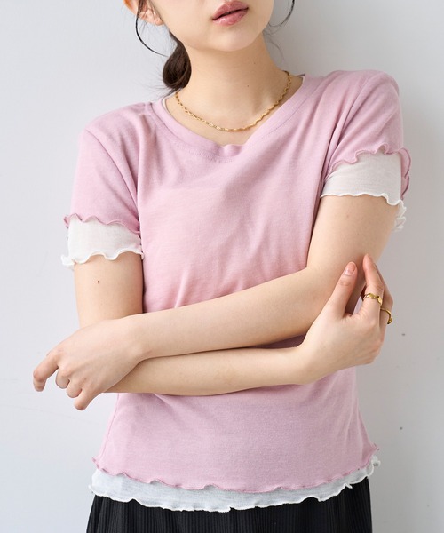 mil(ミル)の「ダブルレイヤードTシャツ【587278】(Tシャツ/カットソー・レディース・ピンク/ライム・ONE SIZE)」の1枚目の写真