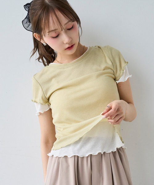 mil(ミル)の「ダブルレイヤードTシャツ【587278】(Tシャツ/カットソー・レディース・ピンク/ライム・ONE SIZE)」の2枚目の写真