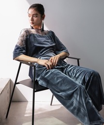 Callarus | 【お呼ばれ・よそいき・結婚式・パーティー・オケージョンドレス】アシメレースデザインベロアブラウスパンツセットアップドレス〔Callarus〕(パンツドレス)