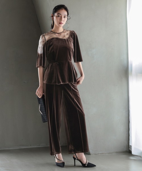 Callarus（カラルス）の「【お呼ばれ・よそいき・結婚式・パーティー・オケージョンドレス】アシメレースデザインベロアブラウスパンツセットアップドレス〔Callarus〕（パンツドレス・レディース・グレー/ブラウン・3L/M/LL/L）」の6枚目の写真