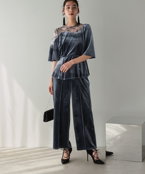 Callarus（カラルス）の「【お呼ばれ・よそいき・結婚式・パーティー・オケージョンドレス】アシメレースデザインベロアブラウスパンツセットアップドレス〔Callarus〕（パンツドレス・レディース・グレー/ブラウン・3L/M/LL/L）」の15枚目の写真